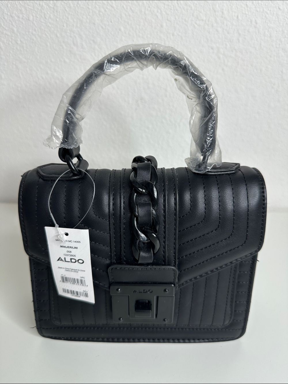 Aldo Black Quilted Leather Top-Handle Satchel with Chain Detail